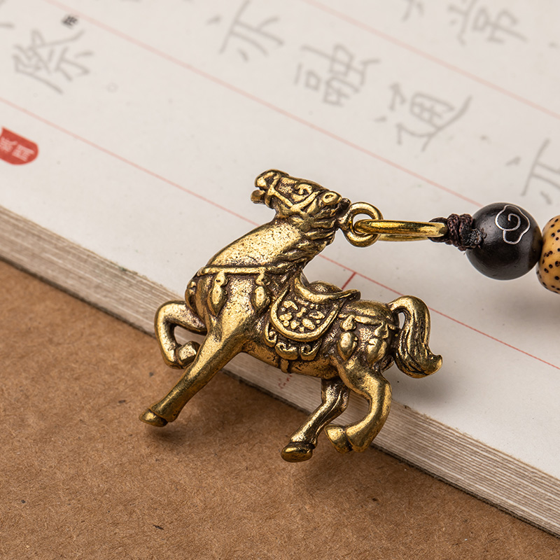 十二生肖马属相黄铜汽车钥匙扣挂件小铜器菩提手工编织挂绳复古风