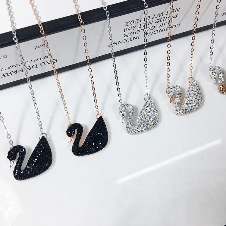 s925银项链 黑天鹅项链玫瑰金 大小天鹅满钻封底纯银饰品女新款
