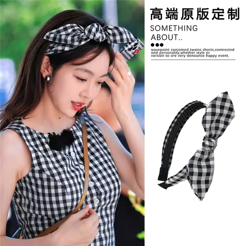 中餐厅姜妍同款韩系格子布艺蝴蝶结发箍女宽边甜美减龄兔耳朵头箍