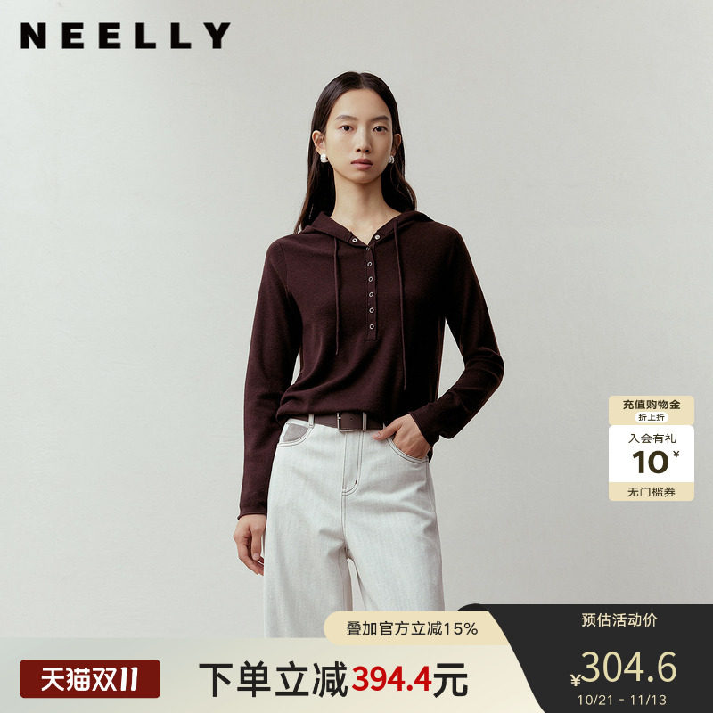 NEELLY纳俪商场同款春季新款休闲简约连帽针织衫女随性舒适上衣