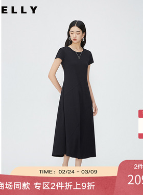 NEELLY纳俪商场同款黑色纯棉短袖连衣裙女法式修身显瘦休闲中长裙