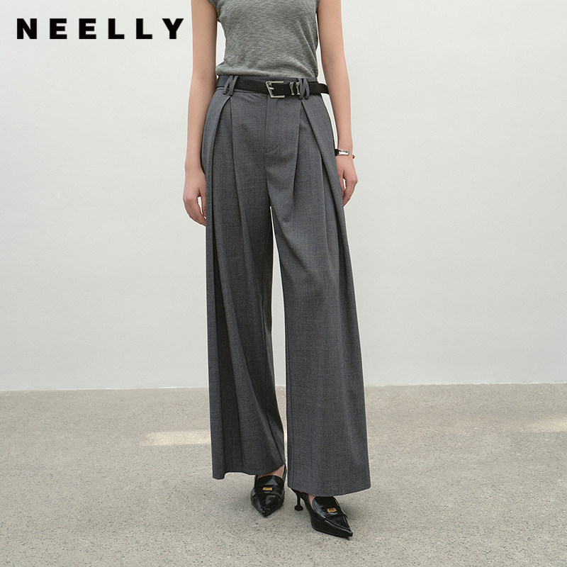 NEELLY纳俪商场同款夏新款显白灰色阔腿西装裤女百搭显瘦显高长裤