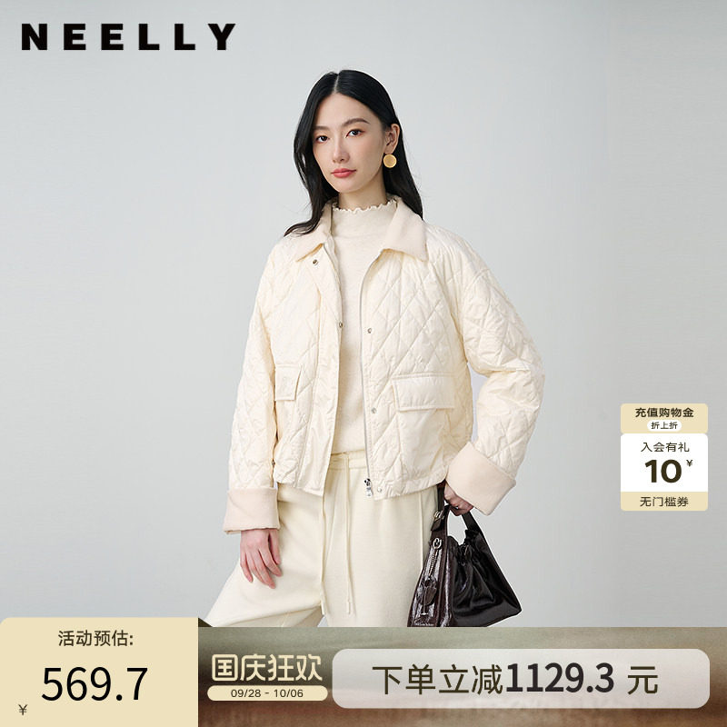 NEELLY纳俪商场同款冬季新款轻薄白鸭绒翻领短款毛领羽绒服外套女