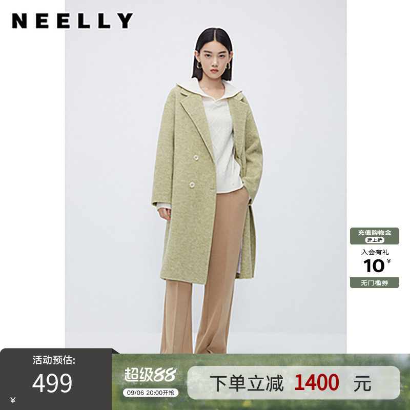 NEELLY纳俪商场同款中长款西装领双面呢大衣韩系气质垂感毛呢外套