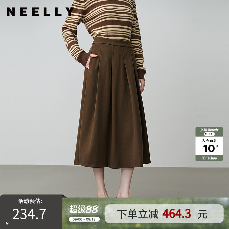 NEELLY纳俪春新款商场同款复古百搭A字半身裙女显白收腰百褶长裙
