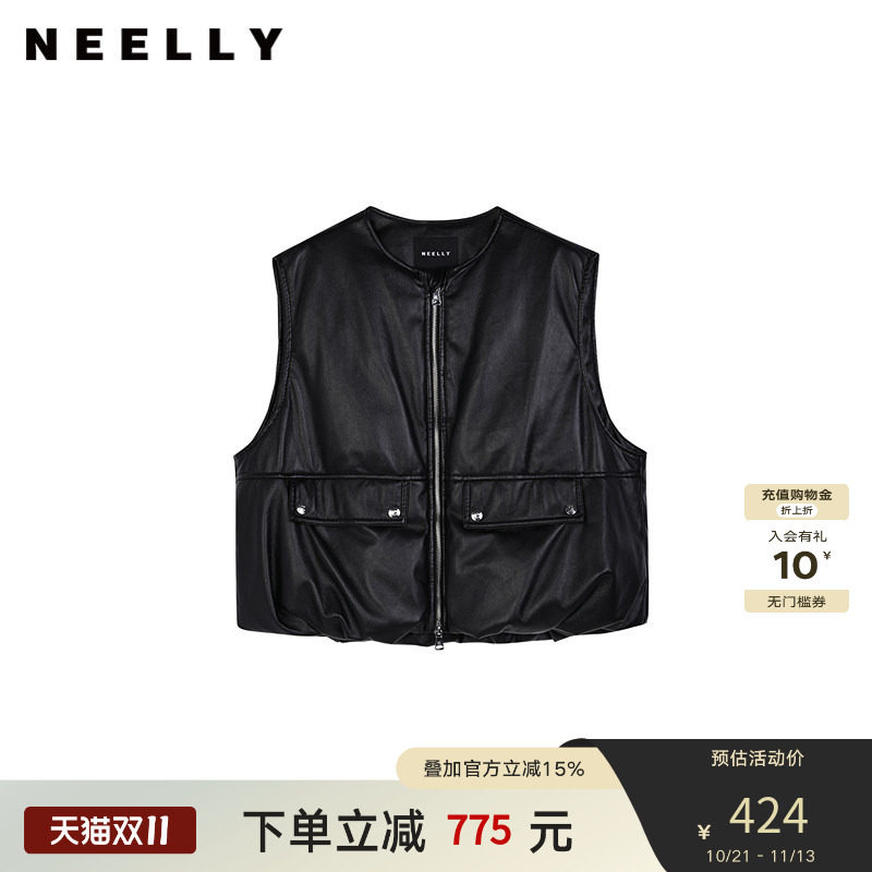 NEELLY纳俪商场同款冬季新款PU羽绒服马甲女黑色圆领宽松保暖外套