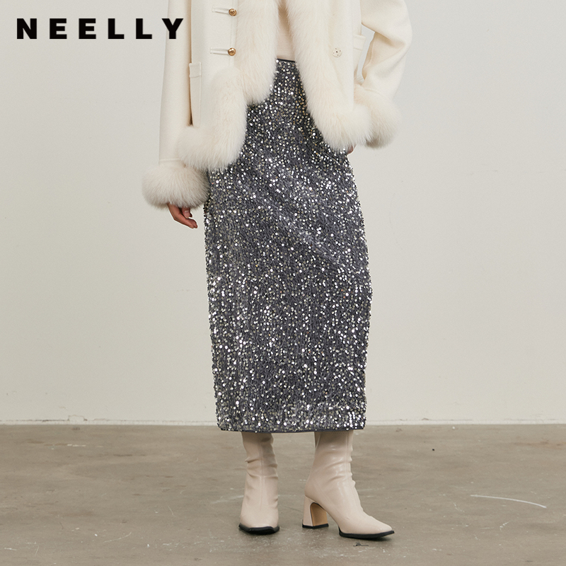 NEELLY纳俪商场同款冬新款银色鎏光亮片直筒半身裙女显瘦通勤半裙