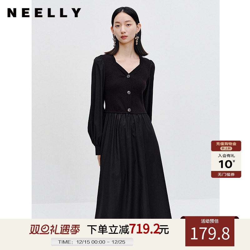 NEELLY纳俪商场同款针织拼接V领连衣裙夏高级感黑色泡泡袖中长裙