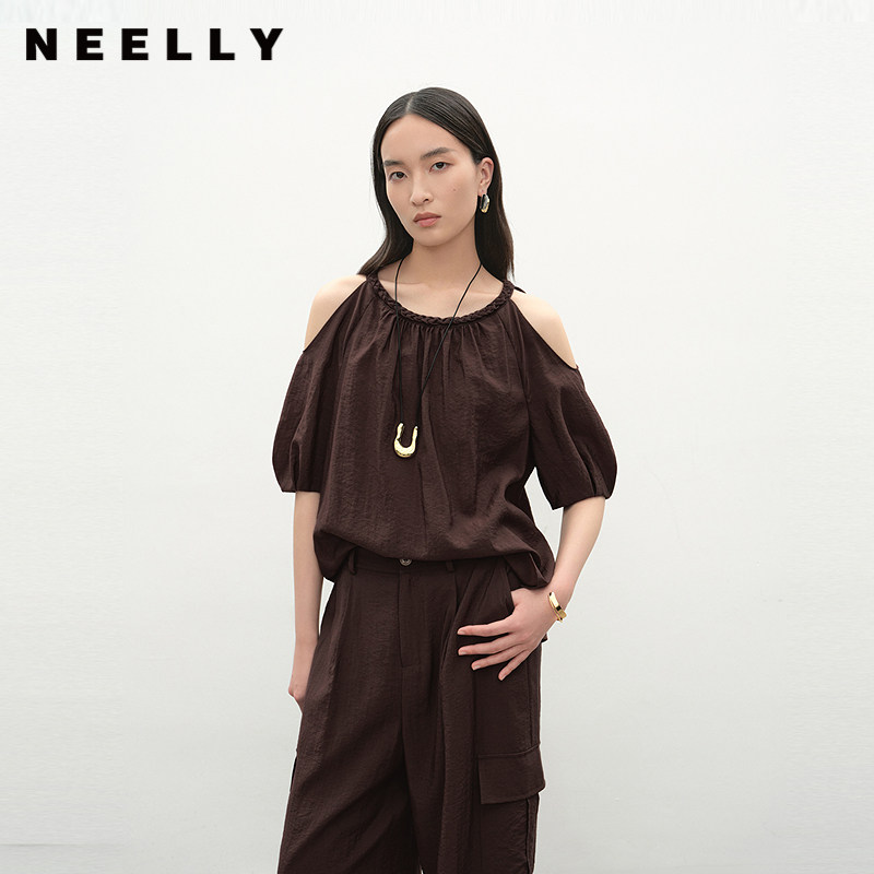 NEELLY纳俪商场同款夏新款时尚复古露肩设计感T恤女宽松休闲上衣