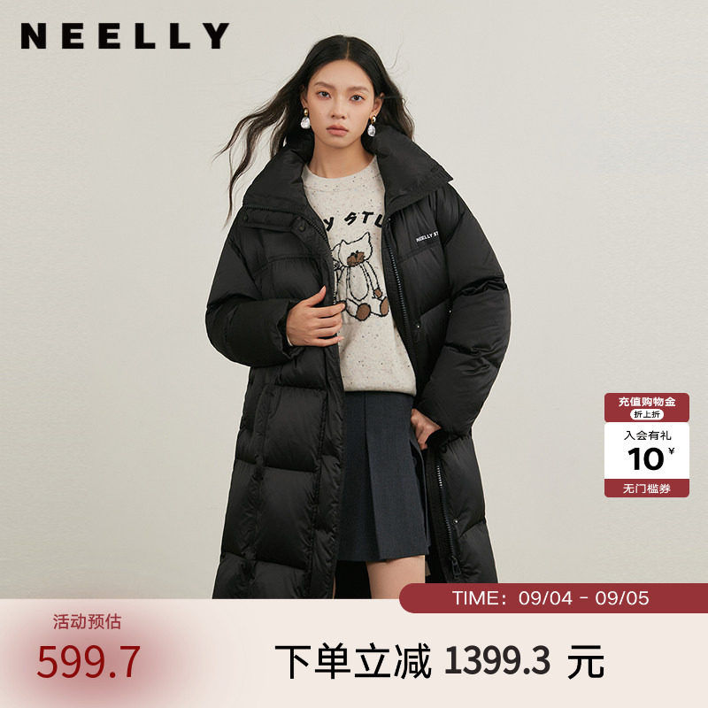 NEELLY纳俪商场同款冬新款气质直筒羽绒服女长款加厚保暖连帽外套