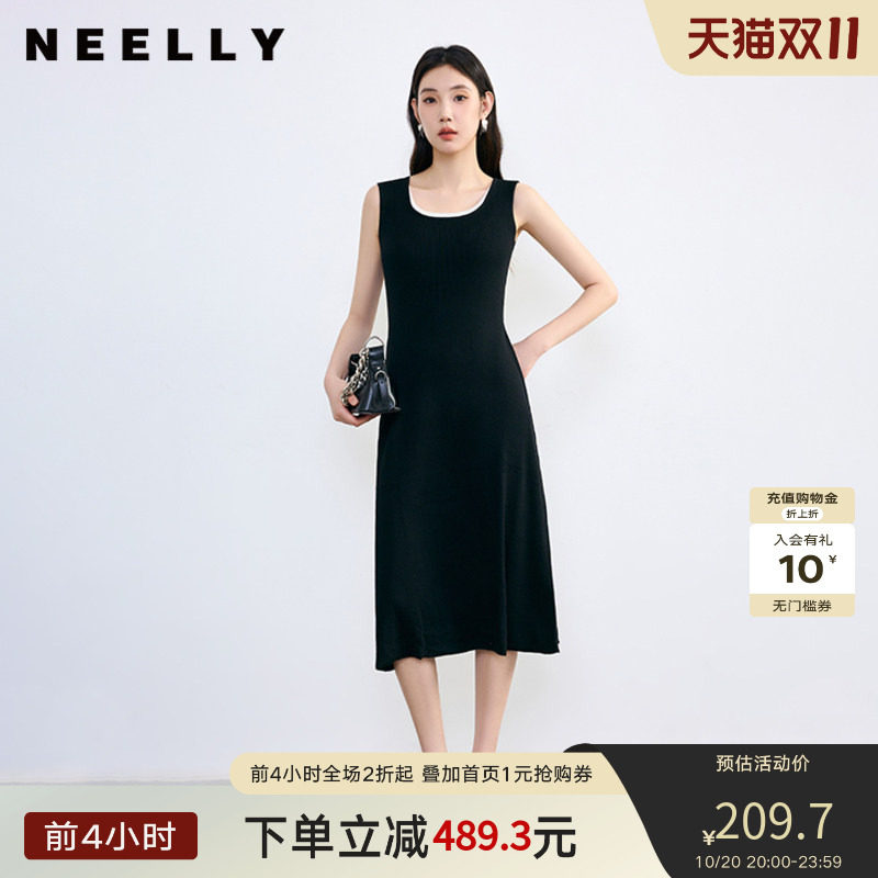 NEELLY纳俪春秋新款商场同款假两件休闲背心黑色针织连衣裙女