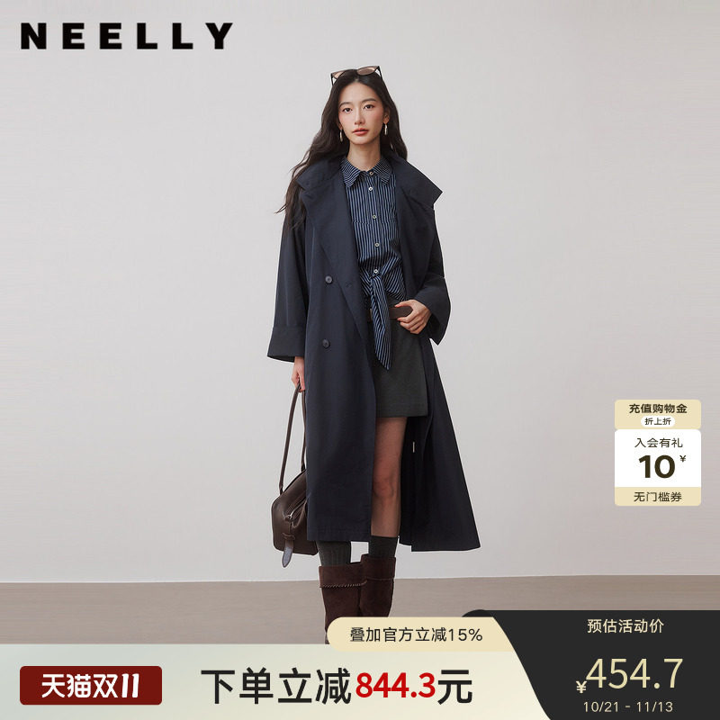 NEELLY纳俪商场同款秋季新款气质通勤双排扣长风衣女休闲百搭外套