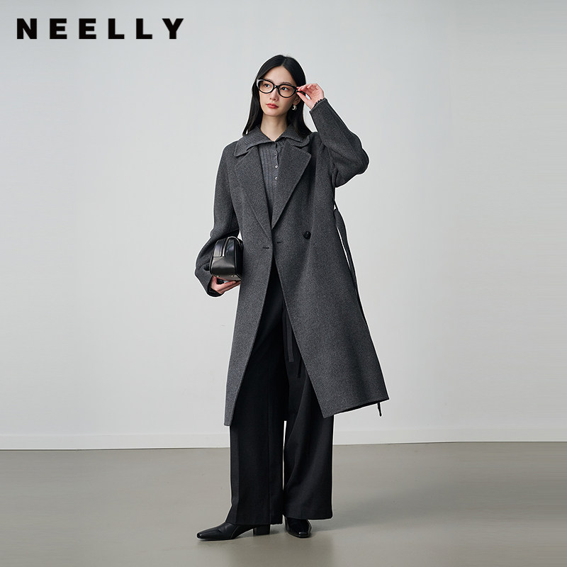 NEELLY纳俪商场同款冬新款复古优雅双面呢灰色大衣女长款羊毛外套