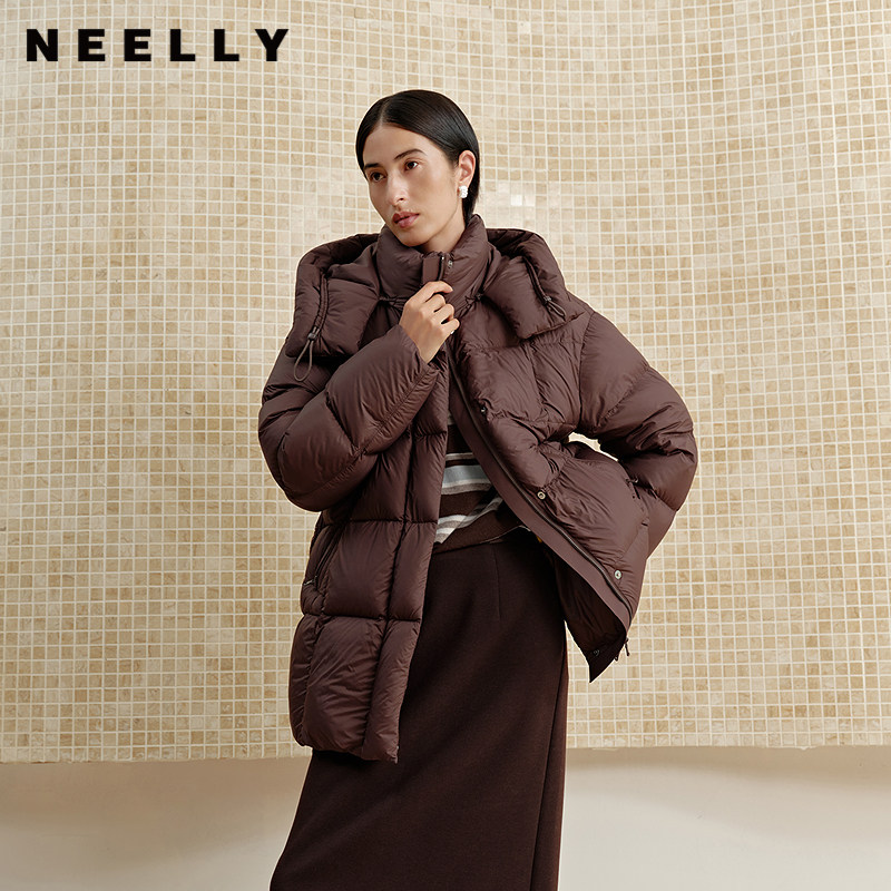 NEELLY纳俪商场同款冬季新款宽松直筒羽绒服女白鸭绒法式保暖外套