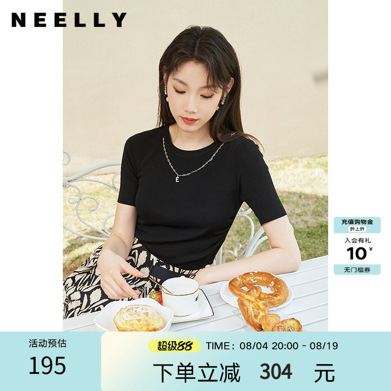 NEELLY纳俪商场同款夏季新款黑色针织衫女圆领百搭短袖修身套头衫
