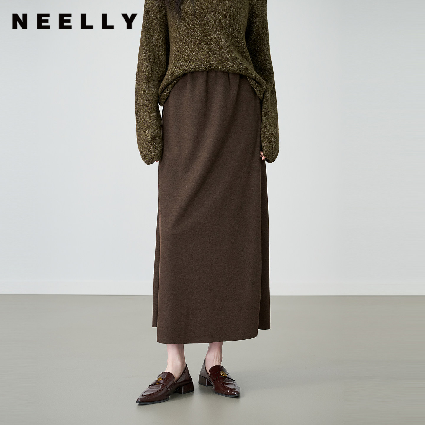NEELLY纳俪春季新款优雅鱼尾中长款半身裙女百搭显瘦高腰A字长裙