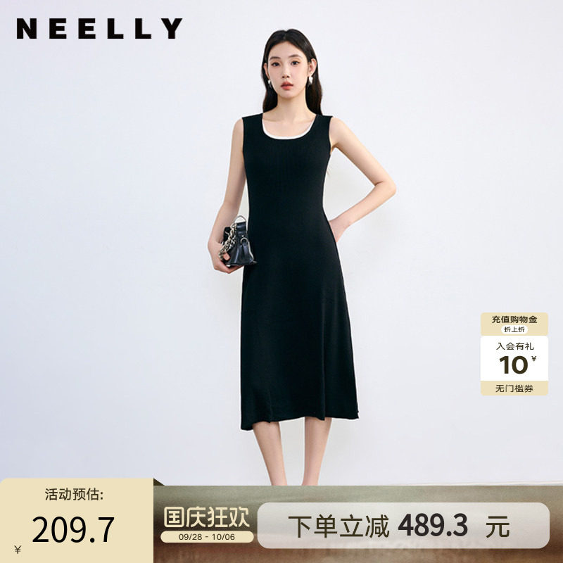 NEELLY纳俪春秋新款商场同款假两件休闲背心黑色针织连衣裙女