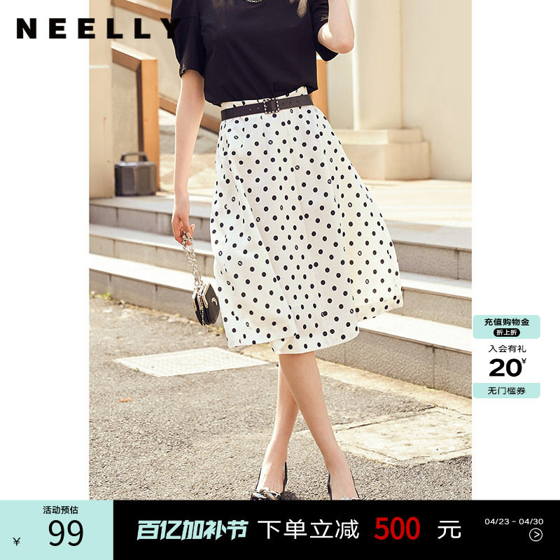NEELLY纳俪商场同款夏季波点半身裙女轻薄款飘逸收腰A字裙中长款