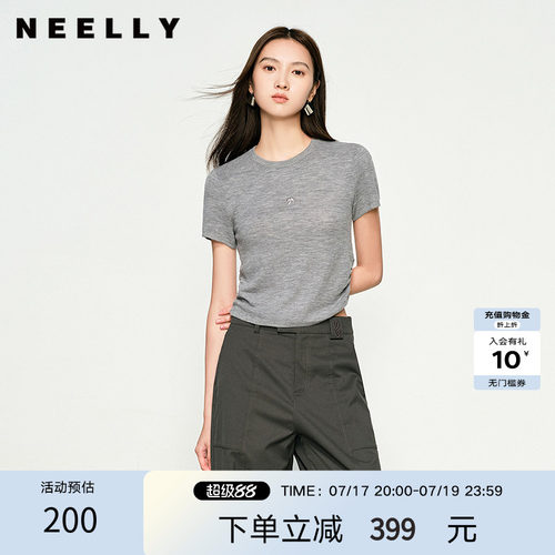 NEELLY纳俪商场同款春秋新款圆领修身短袖针织衫女显瘦透气上衣
