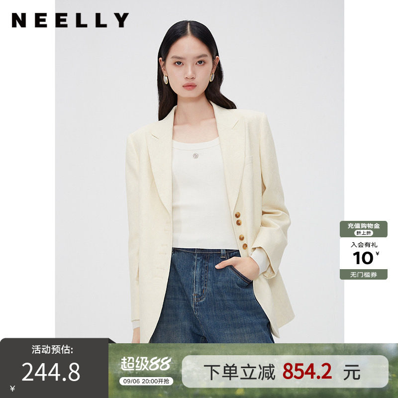 NEELLY纳俪商场同款春秋新款重工提花西装外套女单排扣通勤短上衣