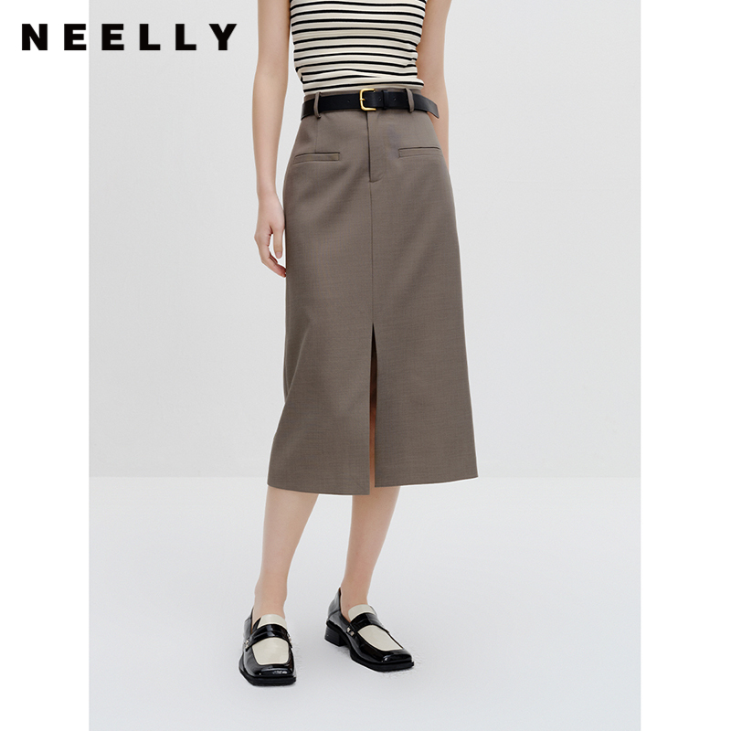 NEELLY纳俪商场同款西装半身裙女收腰前开叉直筒A字裙简约通勤