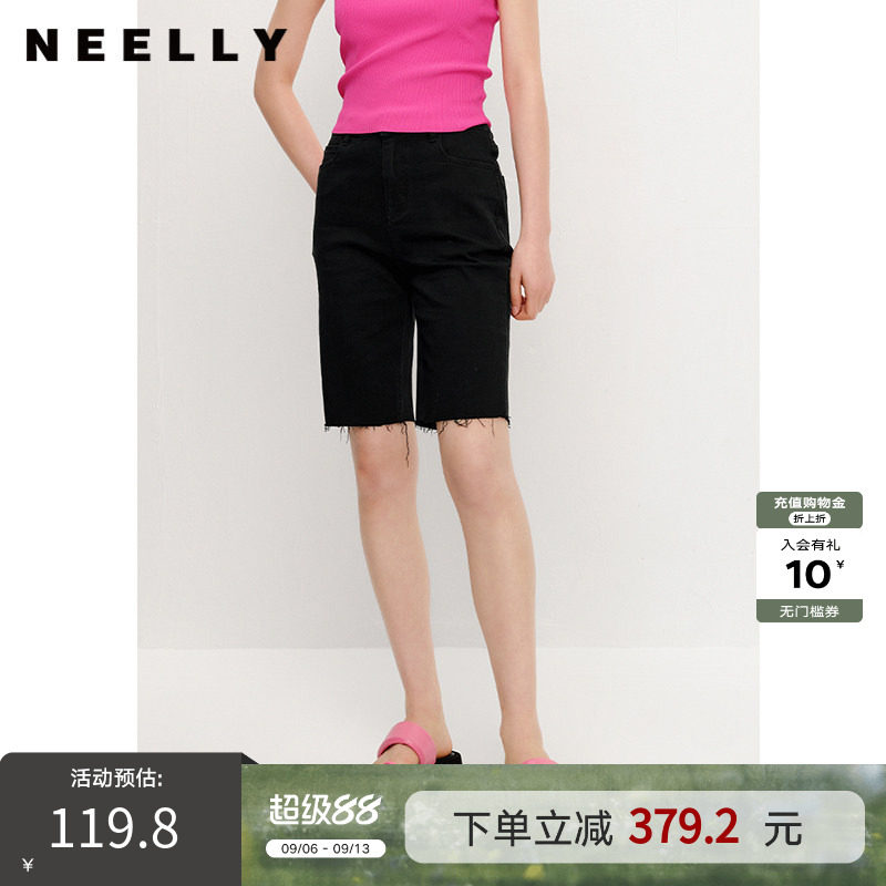 NEELLY纳俪商场同款黑色五分牛仔中裤女夏季薄款显瘦毛边骑行裤图片