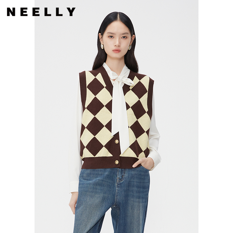 NEELLY纳俪商场同款棋盘格撞色针织马甲女秋V领叠穿百搭无袖坎肩