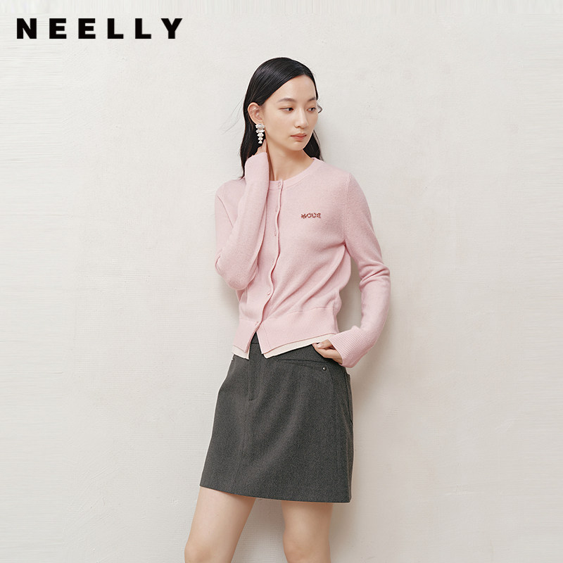 NEELLY纳俪商场同款冬新款假两件圆领百搭针织开衫女显瘦亲肤上衣
