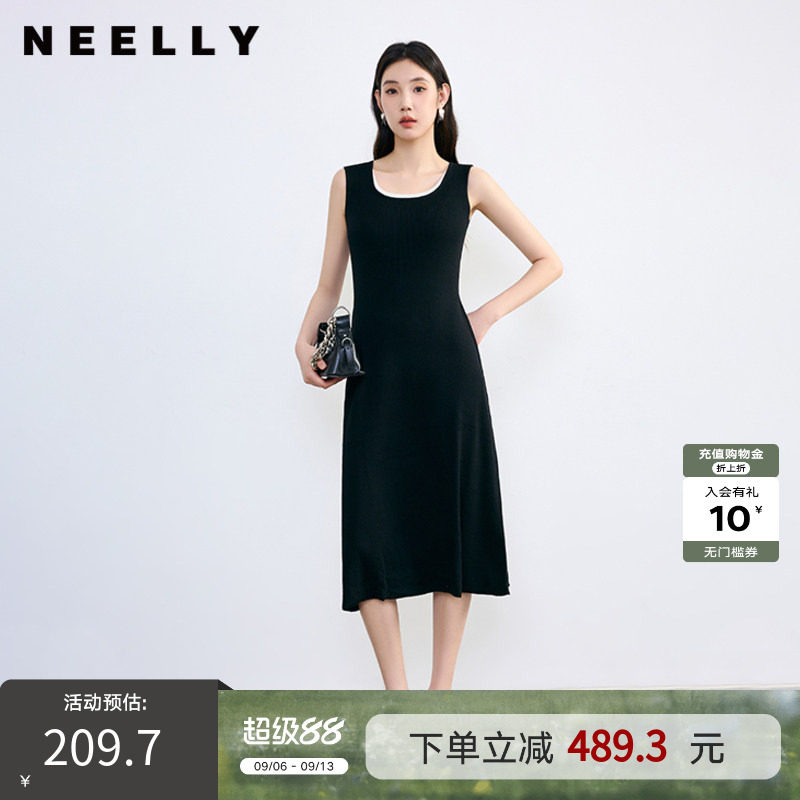 NEELLY纳俪春秋新款商场同款假两件休闲背心黑色针织连衣裙女