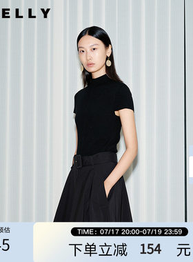 NEELLY纳俪商场同款夏季新款气质半高领短款针织衫女黑色修身上衣