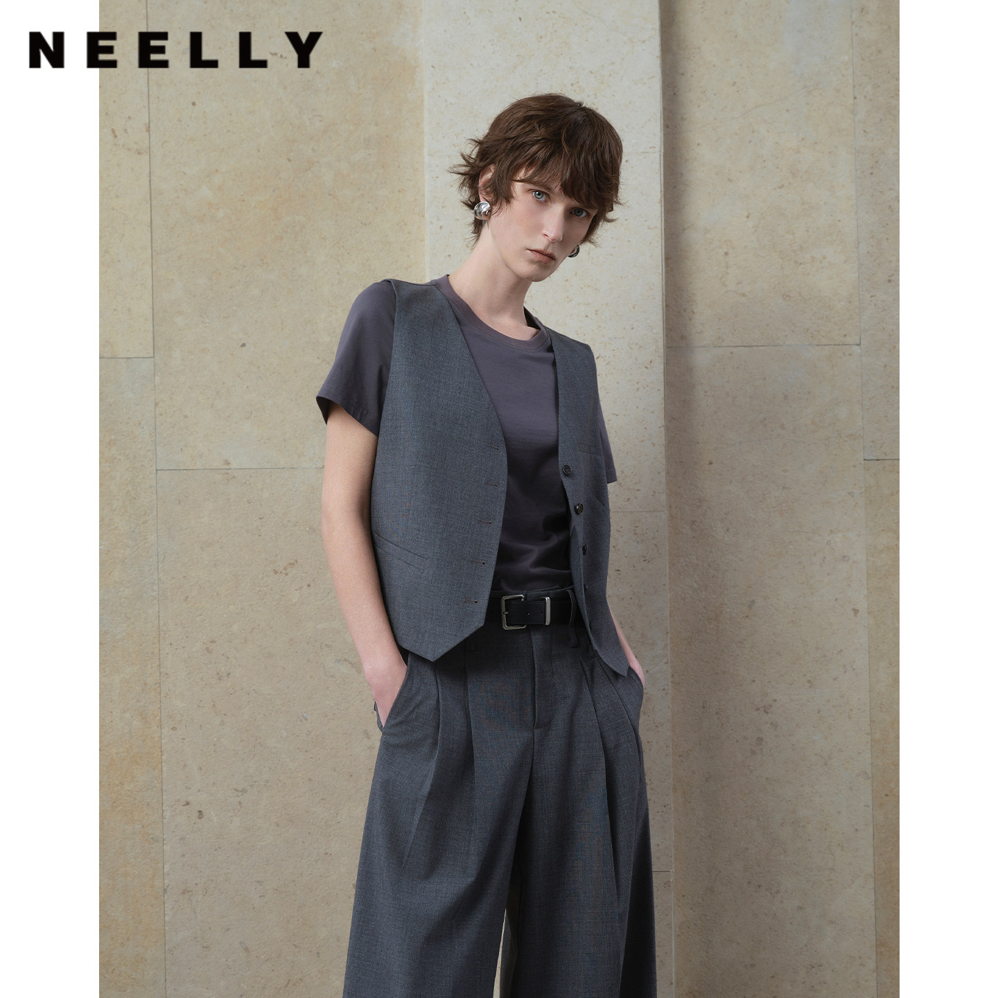 NEELLY纳俪商场同款夏季新款休闲假两件马甲T恤女设计感随性上衣