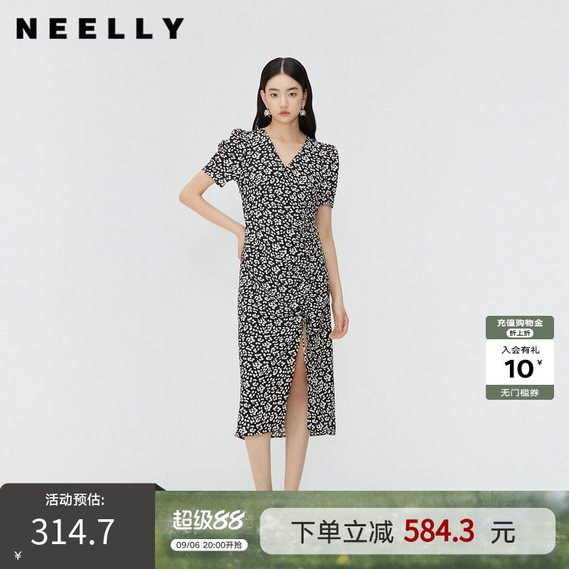 NEELLY纳俪商场同款春季新款法式复古碎花茶歇裙女修身开衩长裙