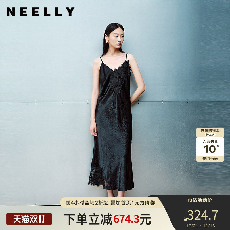 NEELLY纳俪商场同款春秋新款时尚蕾丝设计吊带裙女舒适休闲连衣裙