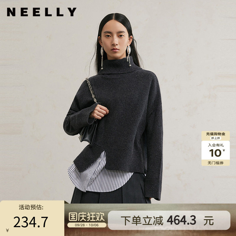NEELLY纳俪商场同款冬季新款经典衬衫领开衩羊毛针织衫女宽松上衣