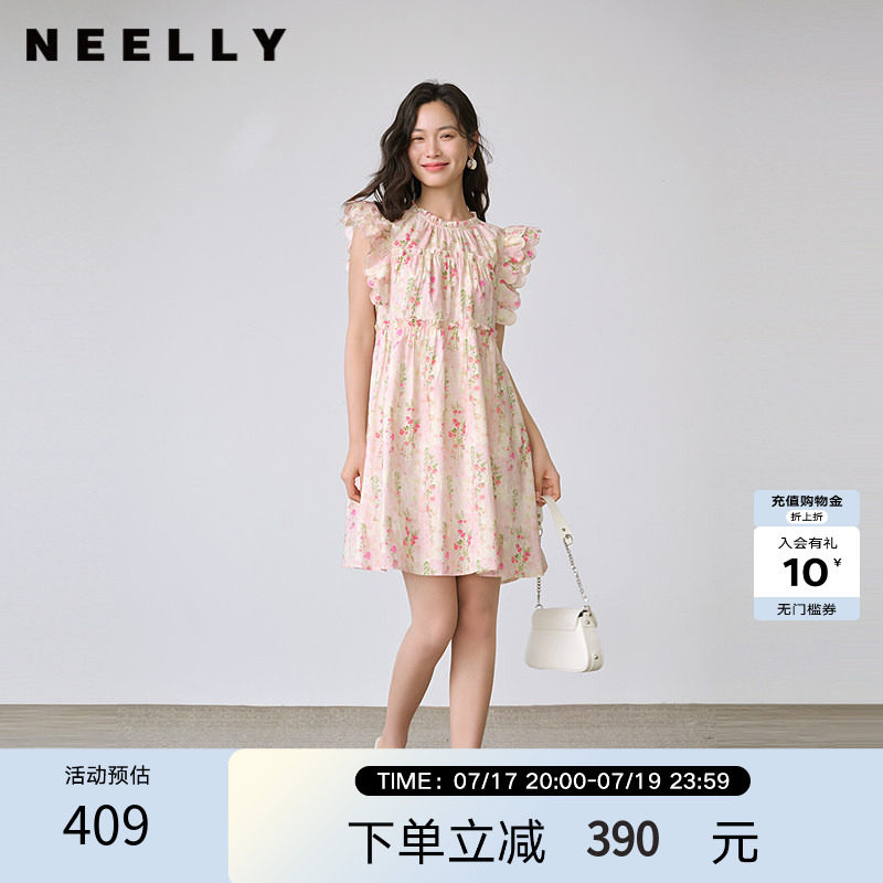 NEELLY纳俪商场同款秋季新款甜美碎花小飞袖连衣裙女出游吸睛长裙