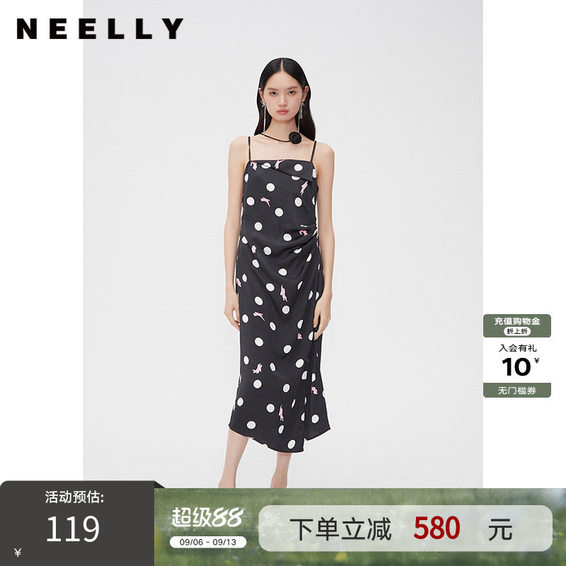 NEELLY纳俪商场同款春秋波点捏褶吊带连衣裙女设计感开叉中长裙