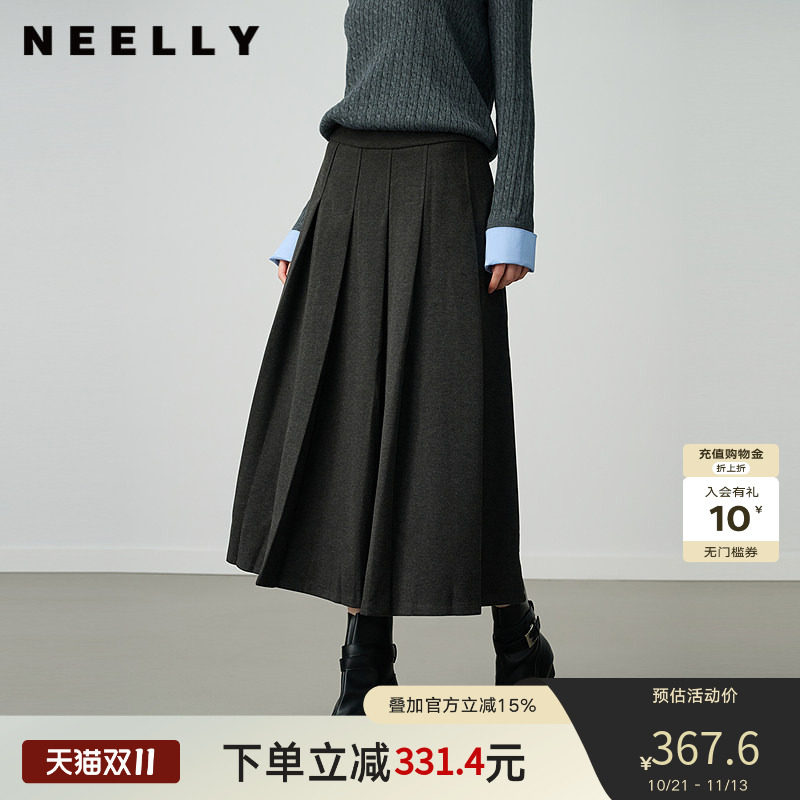 NEELLY纳俪商场同款冬季新款休闲通勤百褶半身裙女优雅百搭中长裙
