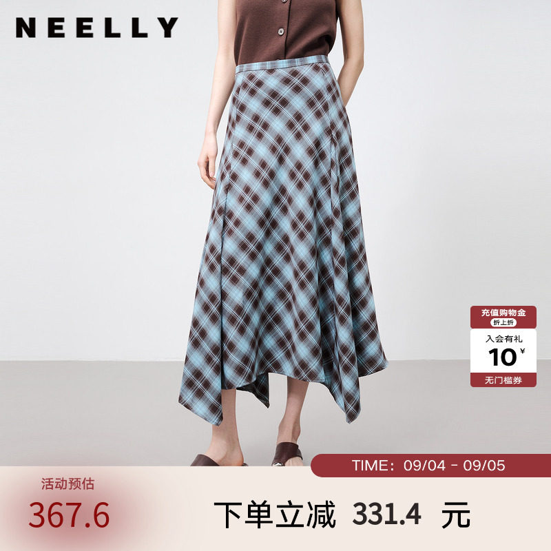 NEELLY纳俪商场同款夏新款蓝棕格纹半身裙女高腰显瘦不规则中长裙