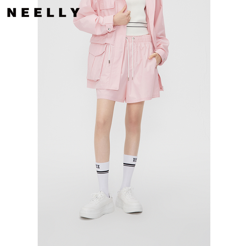 NEELLY纳俪商场同款秋冬粉色宽松休闲短裤女抽绳款时尚运动工装裤