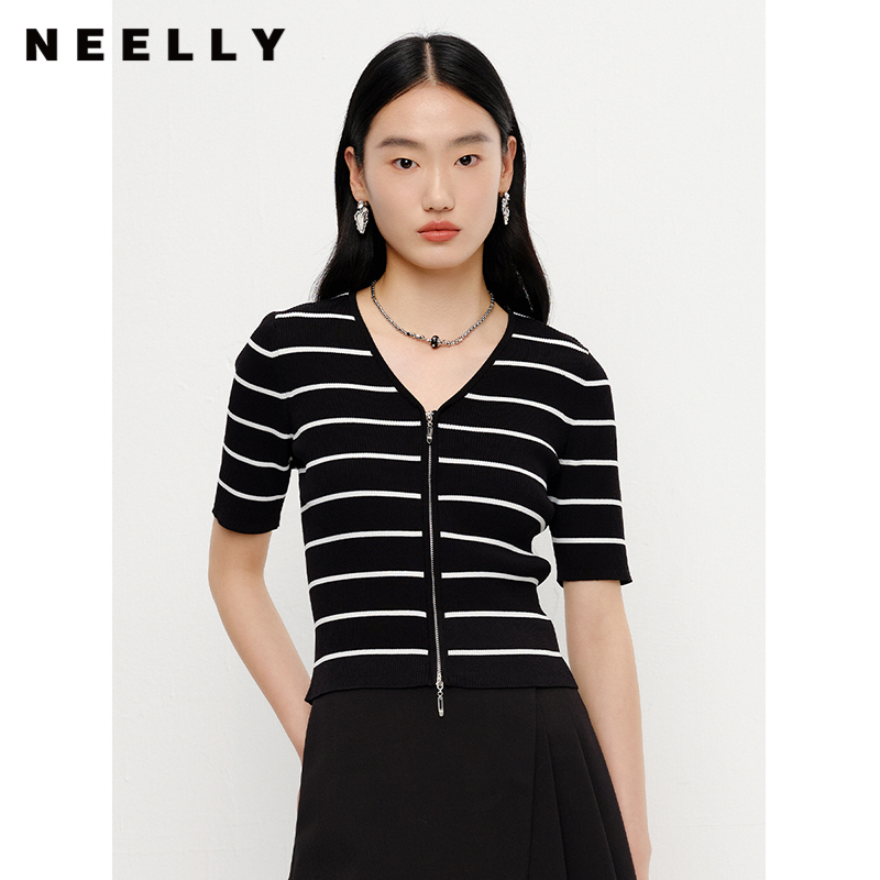 NEELLY纳俪商场同款气质V领条纹针织衫女短袖上衣修身拉链毛衣