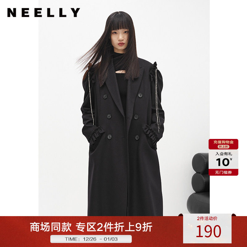 NEELLY纳俪商场同款冬季新款毛呢外套女中长款泡泡袖双排扣大衣