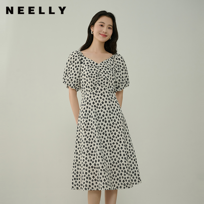NEELLY纳俪商场同款夏新款V领印花泡泡袖连衣裙女优雅气质长裙