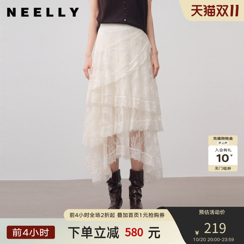 NEELLY纳俪商场同款秋新款不规则蕾丝半身裙女百搭显瘦飘逸A字裙