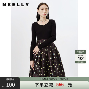 NEELLY纳俪春秋新款针织拼接连衣裙女韩版碎花A字中长款打底裙