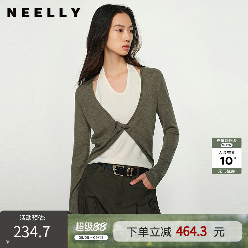 NEELLY纳俪商场同款春新款设计感假两件针织衫女高级显瘦挂脖上衣