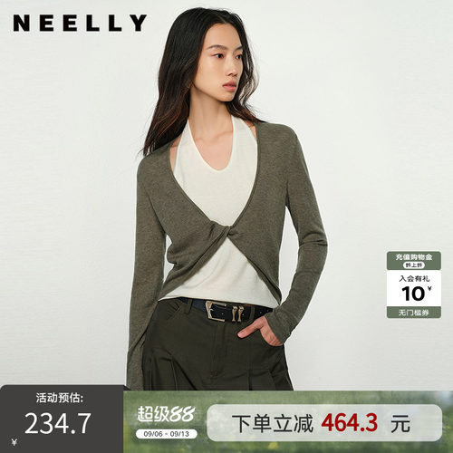 NEELLY纳俪商场同款春新款设计感假两件针织衫女高级显瘦挂脖上衣