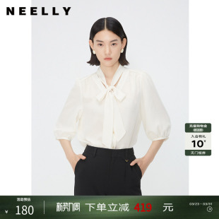 宽松别致雪纺上衣 女通勤五分袖 NEELLY纳俪商场同款 优雅飘带领衬衫