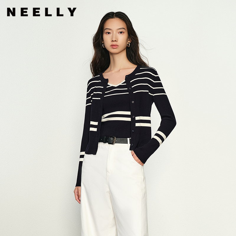 NEELLY纳俪商场同款春新款条纹针织吊带开衫两件套女舒适简约上衣