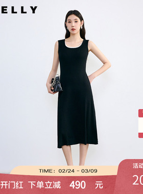 NEELLY纳俪春秋新款商场同款假两件休闲背心黑色针织连衣裙女
