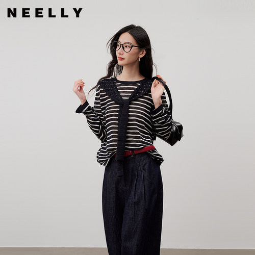 NEELLY纳俪商场同款夏季新款复古条纹披肩长袖T恤女休闲随性上衣